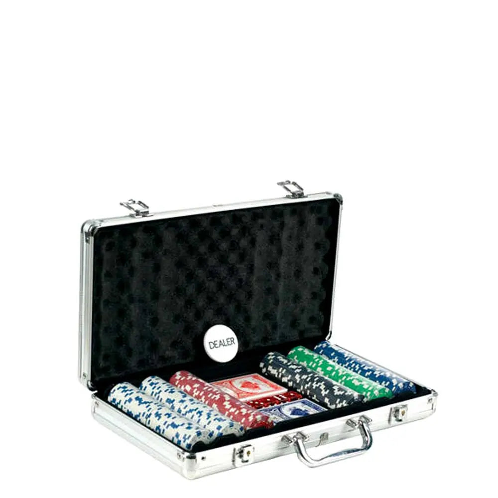 300 Chips Aluminum Case Poker Set + Texas Hold'em & Blackjack layout + 2 Deck Card Shuffler G8Central