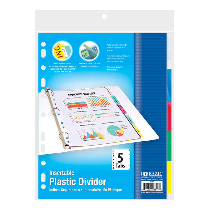 BINDER DIVIDER | 3-Ring Index Dividers w/ 5-Insertable Color Tabs - g8central.com