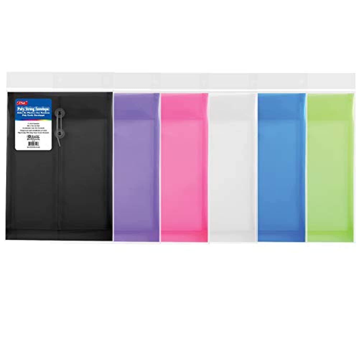 BAZIC 1 Top & 1 Side Loading Letter Size String Closure Envelope, Assorted Color Clear Poly Plastic Files, Office A4 Legal Folder String-Tie, 6-Pack (Total 12 Files).