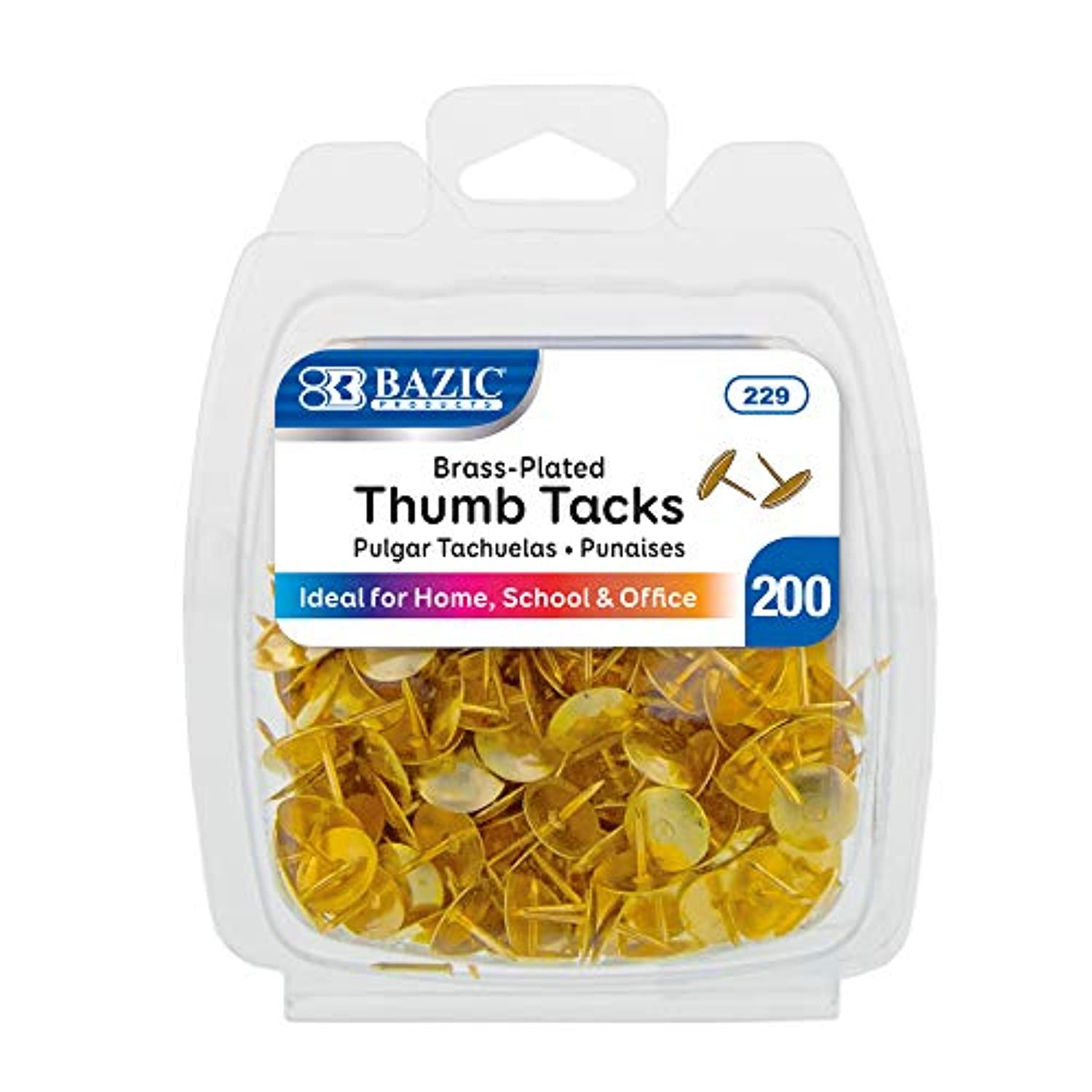 BAZIC Gold Metallic Push Pins Thumb Tacks, 3/8 Inch Flat Head Steel Metal Push Pin Thumbtack Sharp Points for Cork Bulletin Board Posters Craft Picture Office Home School (200/Pack), 1-Pack.