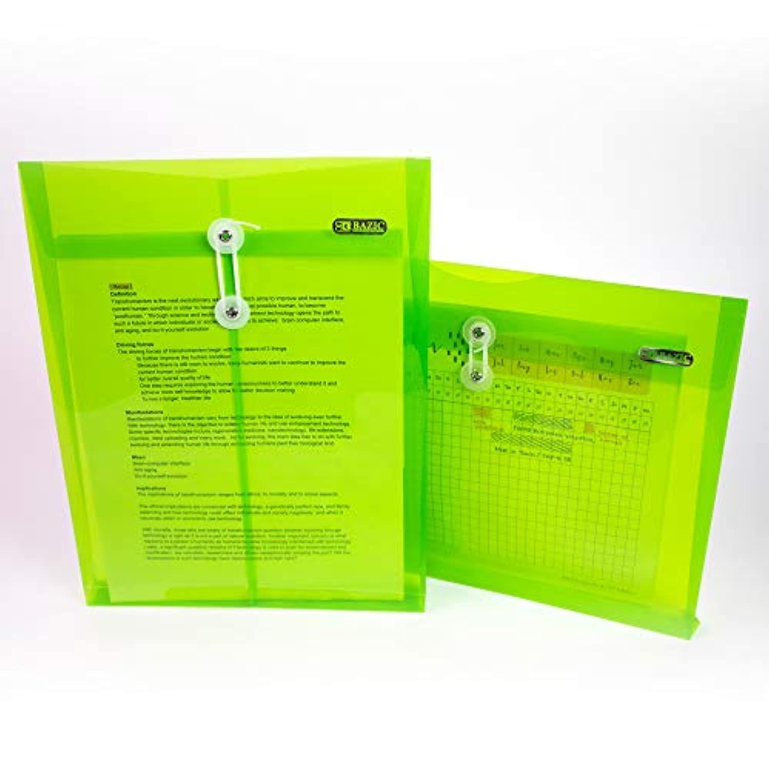 BAZIC 1 Top & 1 Side Loading Letter Size String Closure Envelope, Assorted Color Clear Poly Plastic Files, Office A4 Legal Folder String-Tie, 6-Pack (Total 12 Files).