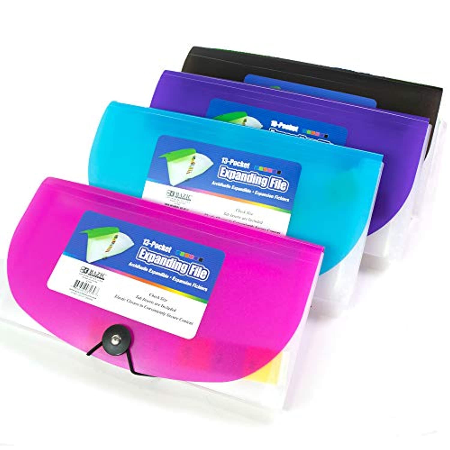 BAZIC 13 Pockets Dividers, Check Size Poly Expanding File, Holder Files Wallet Plastic Envelope Folders, Elastic Band Closure, Office Home Organize - Assorted Color, 4-Pack.