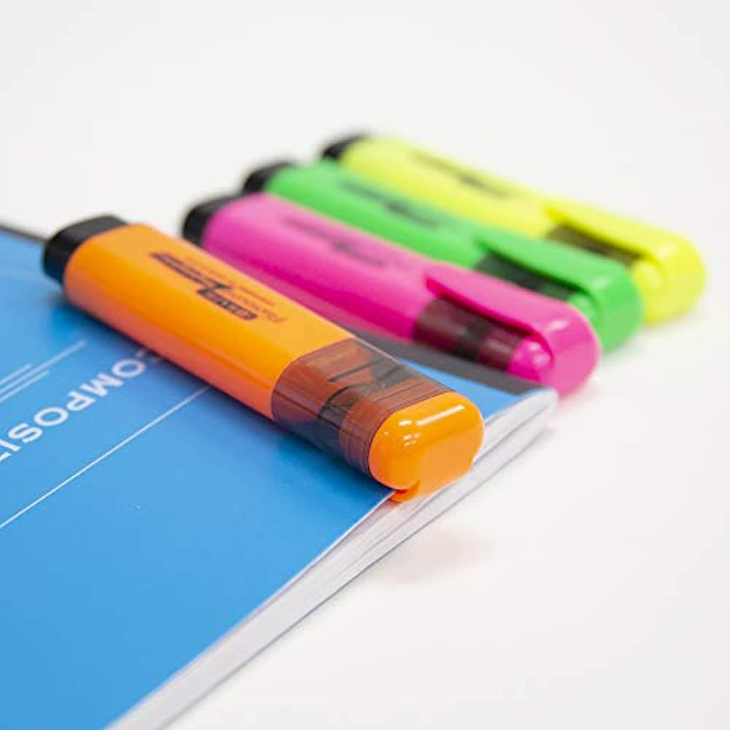 Neon Highlighters w/Pocket Clip, Chisel Tip Broad Fine Line, Unscented Quick Dry (4/Pack)