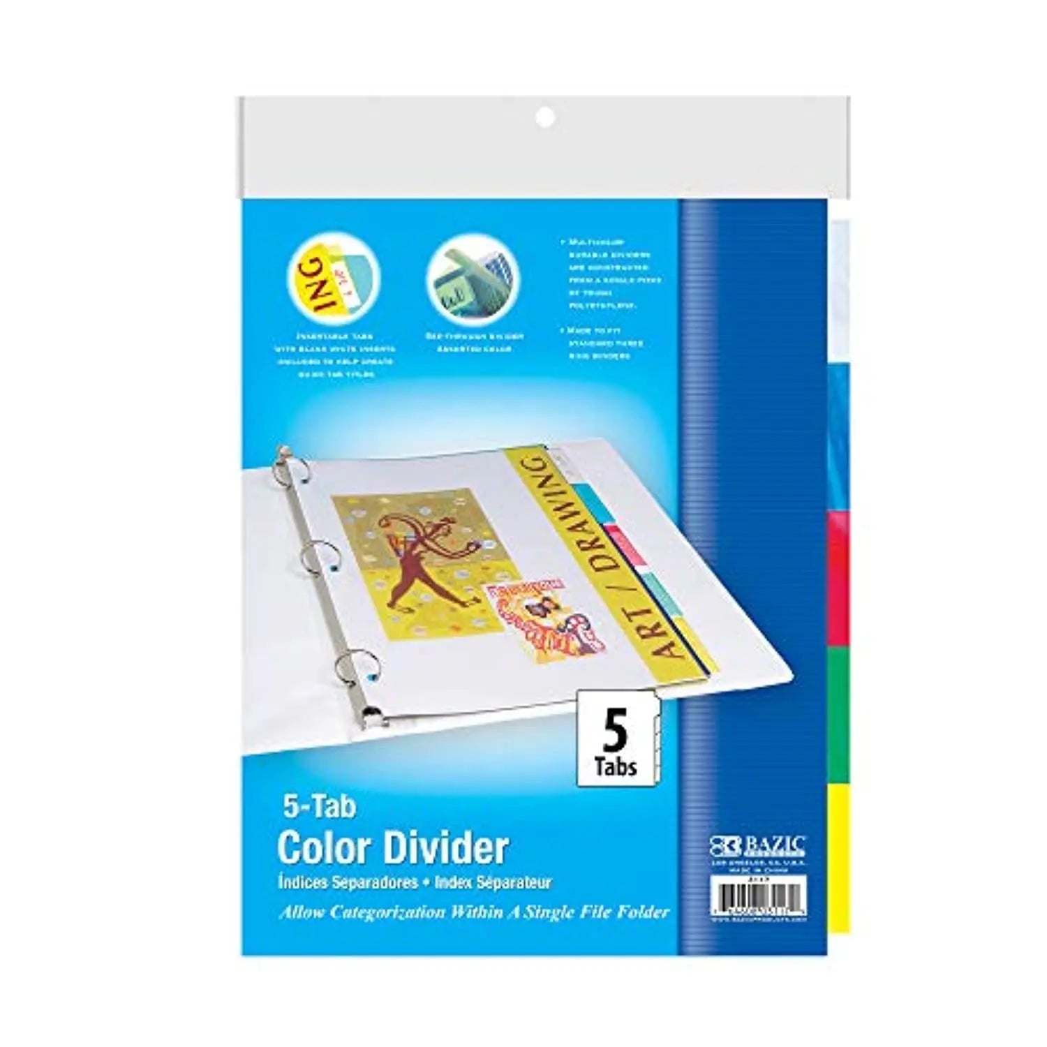BAZIC 3-Ring Binder Dividers w/ 5-Insertable Color Tabs, 1-Pack.