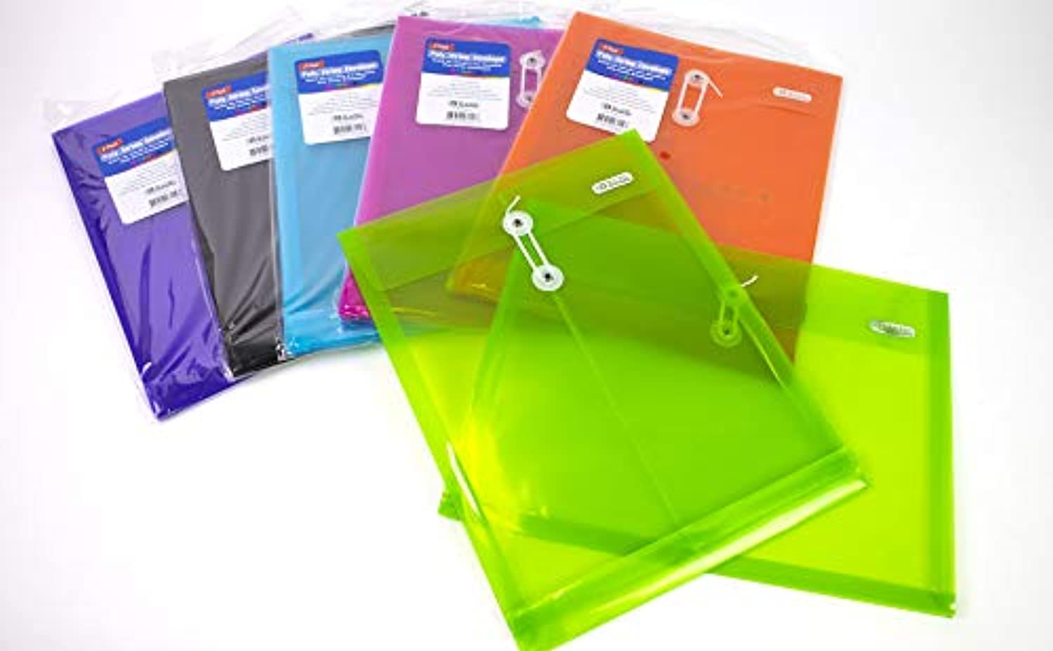 BAZIC 1 Top & 1 Side Loading Letter Size String Closure Envelope, Assorted Color Clear Poly Plastic Files, Office A4 Legal Folder String-Tie, 6-Pack (Total 12 Files).