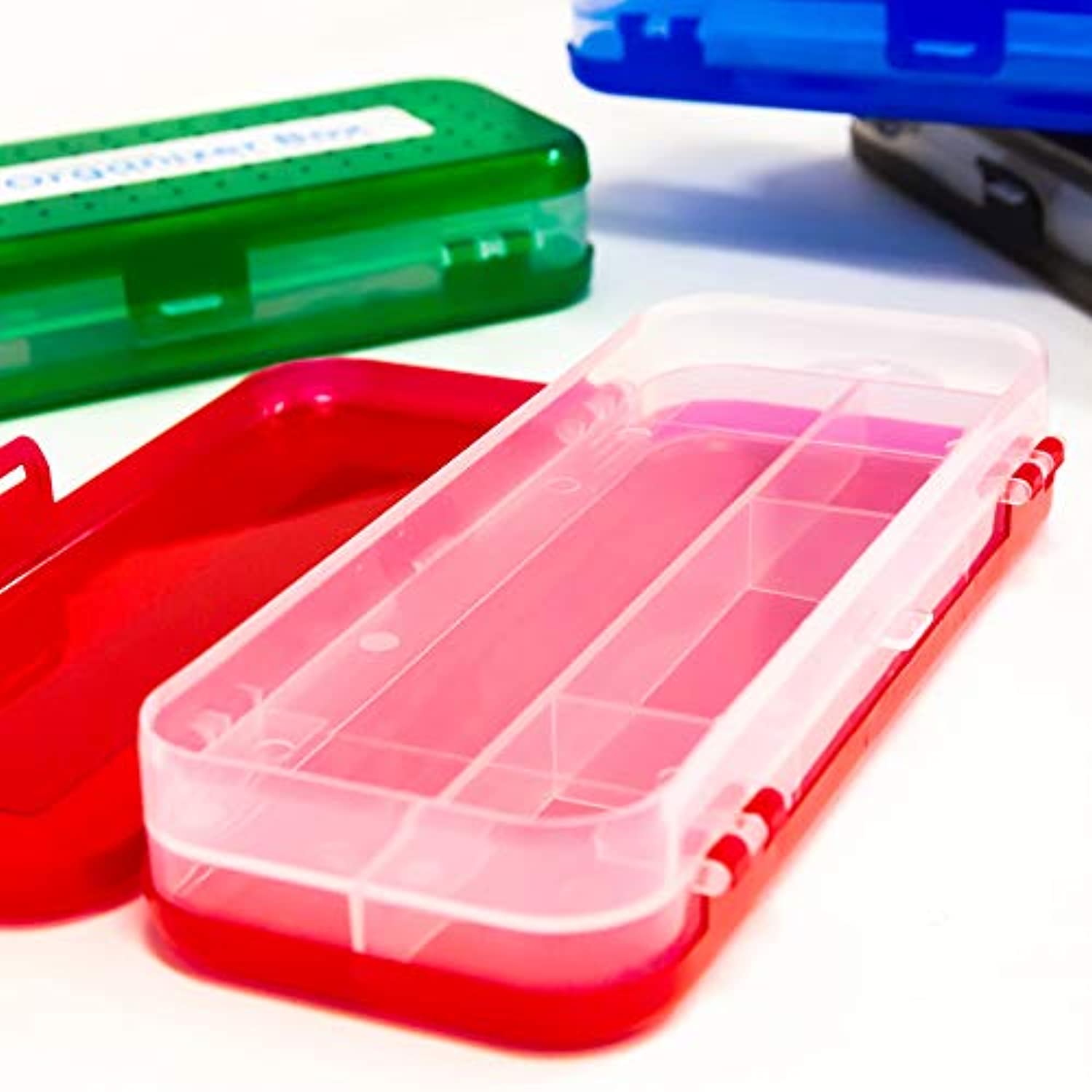 BAZIC 8" Double Deck Organizer Box, Cubby Bin Pencil box Storage Desk Plastic Organizer Holder, Assorted COLORS MAY VARY, for Pen Pencil College Student Kids School Supplies Office, 4-Pack.
