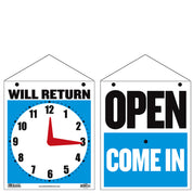 7.5" X 9" "WILL RETURN" Clock Sign w/ "OPEN" sign on back.