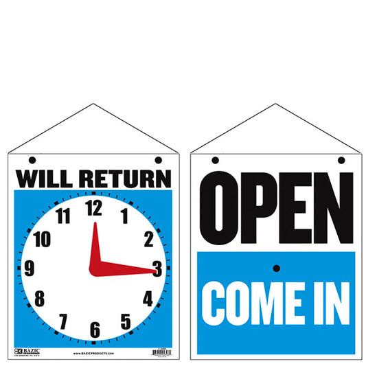 7.5" X 9" "WILL RETURN" Clock Sign w/ "OPEN" sign on back.