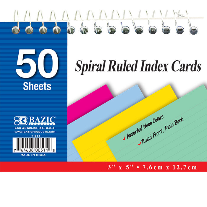 INDEX CARD 50-Cards Spiral Bound RULED 3 in x 5 in | Colored