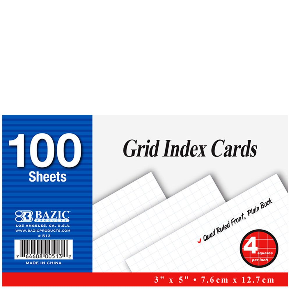 Gtrid Index Card 100 Ct. 3" X 5" Quad Ruled 4-1" White.