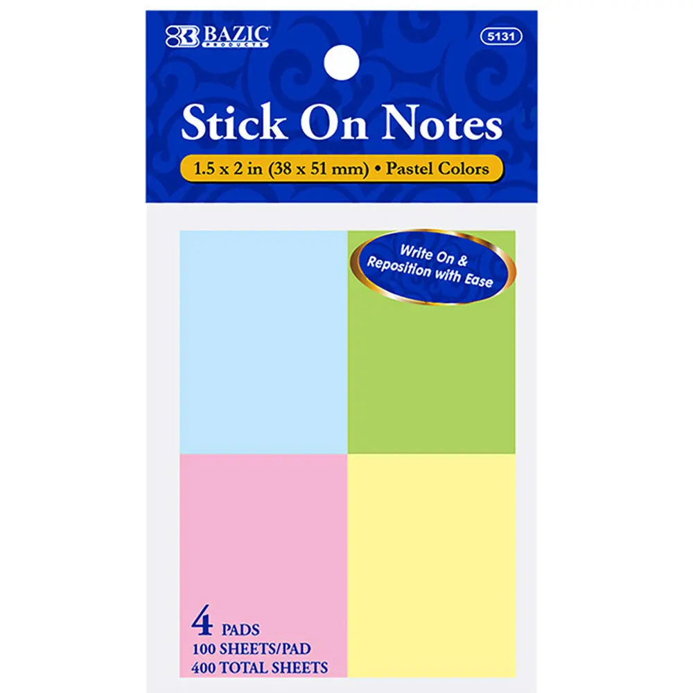 Stick On Notes 100 Ct. 1.5" X 2" (4/Pack).
