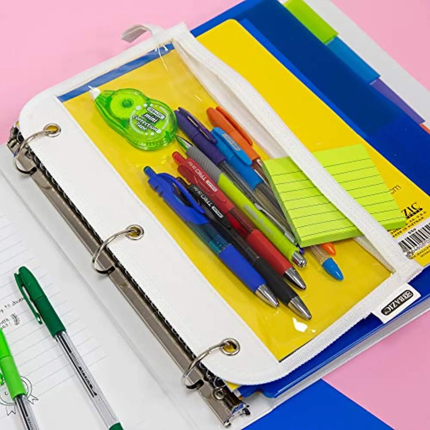 BAZIC 11.5" x 6.5" 3-Ring Clear Pencil Pouch, Bulk Stationery Pouch Zipper Pen Invoice Pouches, Binder Bag Case for Student School Supplies Office College Cosmetics, Assorted Color, 24-Pack.