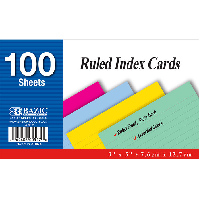 INDEX CARD 100-Cards RULED 3 in x 5 in | Colored