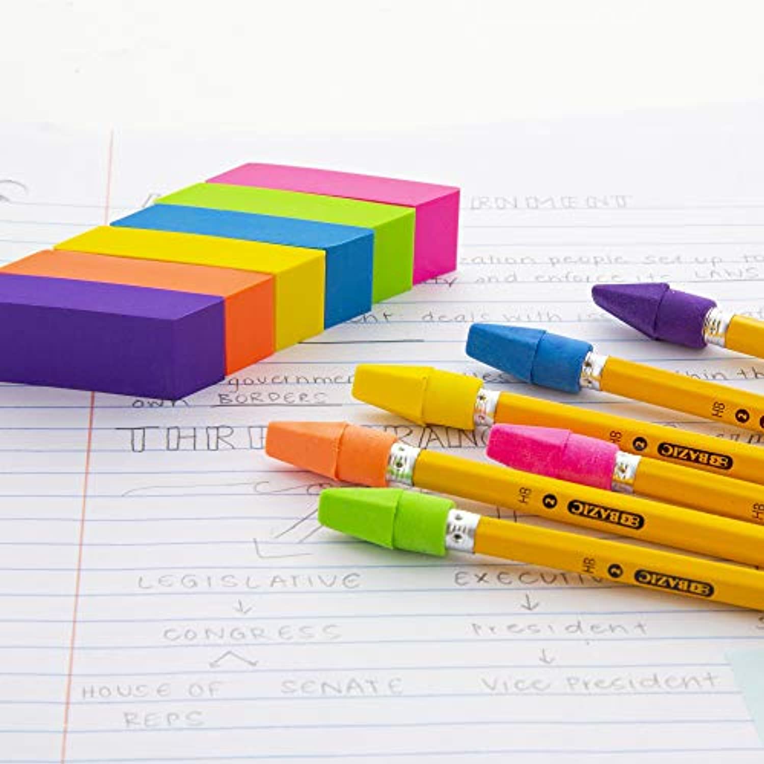 Neon Eraser Sets, Pencil Top + Block Bevel Erasers