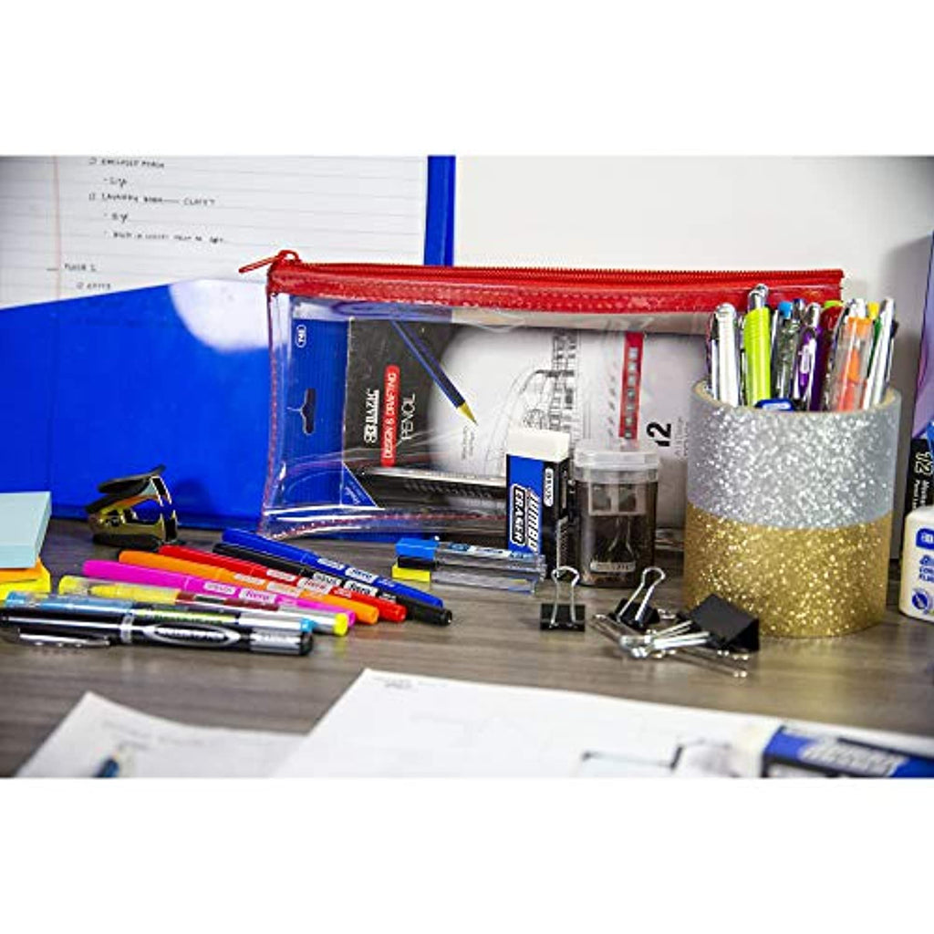 BAZIC 11" x 5" Clear Pencil Pouch, Bulk Stationery Pouch Zipper Pen Invoice Pouches Bag Case for Student School Supplies Office College Cosmetics Travel, Assorted Color, 6-Pack.