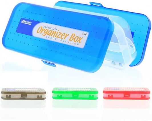 BAZIC 8" Double Deck Organizer Box, Cubby Bin Pencil box Storage Desk Plastic Organizer Holder, Assorted COLORS MAY VARY, for Pen Pencil College Student Kids School Supplies Office, 4-Pack.