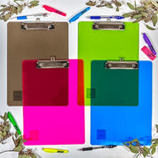 Plastic Clipboard Low Profile Clip, A4 Letter Size Clear Assorted 4 Colors, Business Travel School Teacher Student College, 4-Pack.