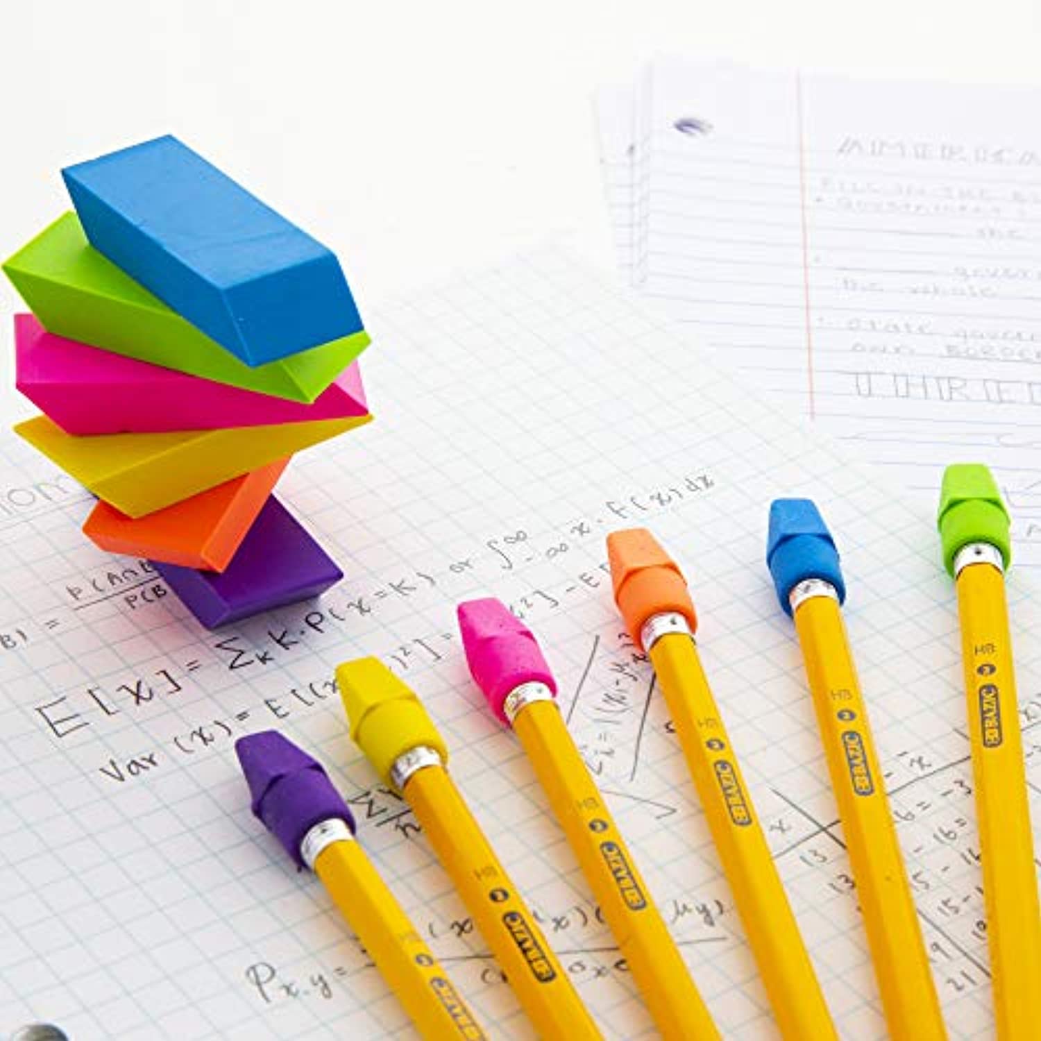 Neon Eraser Sets, Pencil Top + Block Bevel Erasers