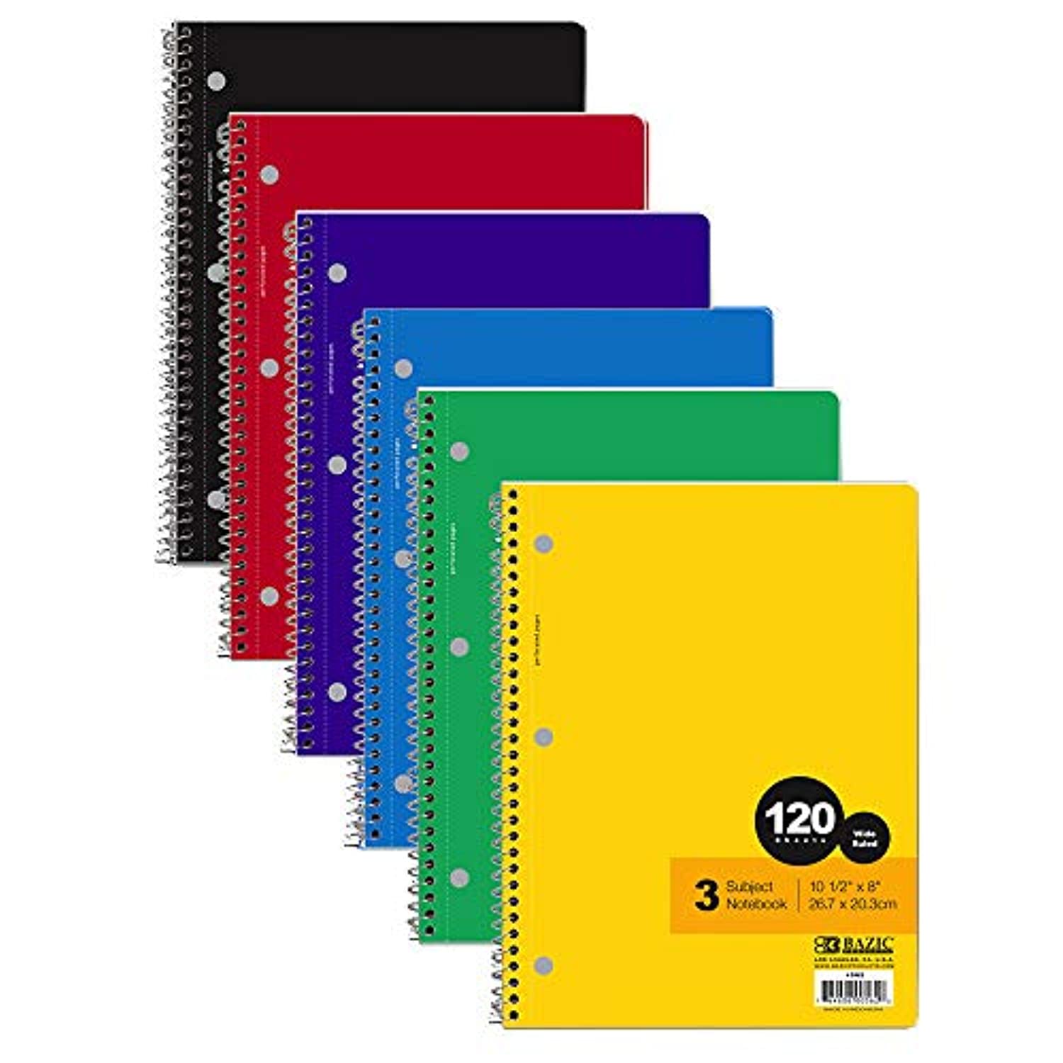BAZIC Wide Ruled 120 Sheets 3-Subject Spiral Notebook, Writing Journal Dairy Assignment with Lined Notebooks, for Office Class Students, 6-Pack.
