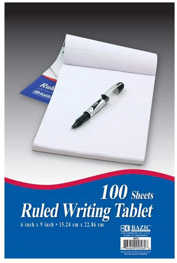 BAZIC 100 Sheets 6" X 9" Ruled Writing Tablet, Lined Ruled Memo Writing Papers Pad Notebook, Note Paper for Taking Notes, Easy Tear for Office School Home, 1-Pack.