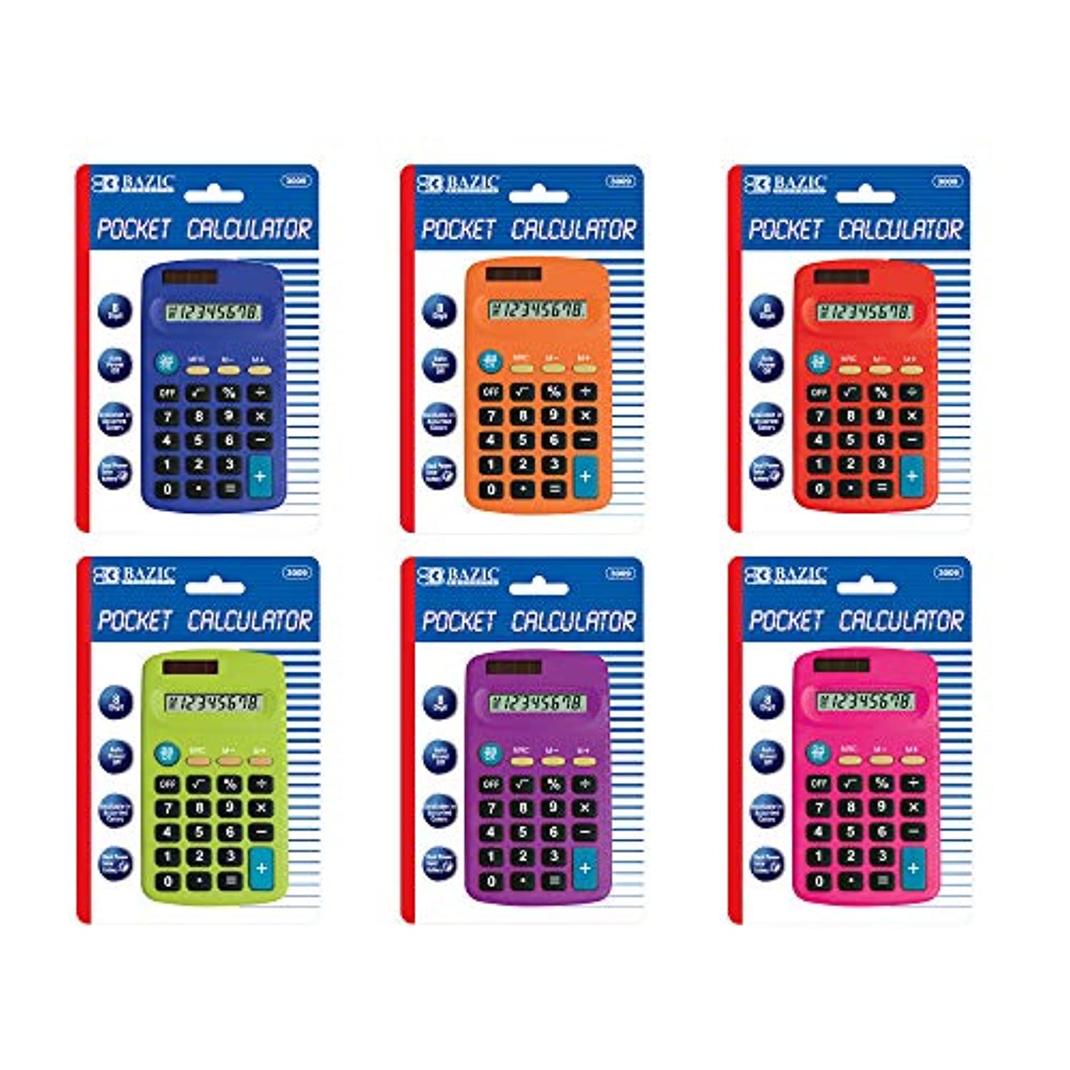 8-Digit Dual Power Pocket Size Calculator | 6-Color.
