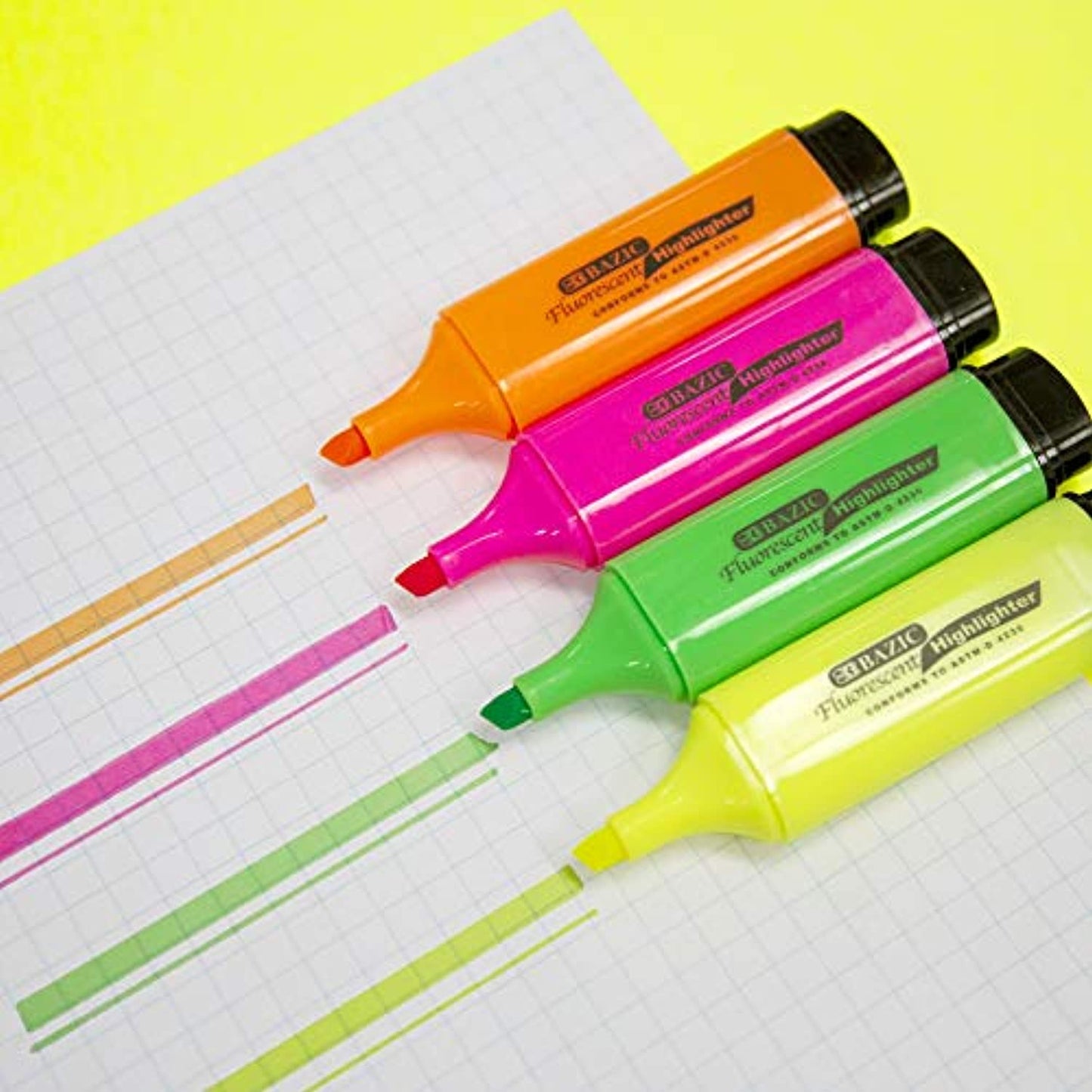 Neon Highlighters w/Pocket Clip, Chisel Tip Broad Fine Line, Unscented Quick Dry (4/Pack)