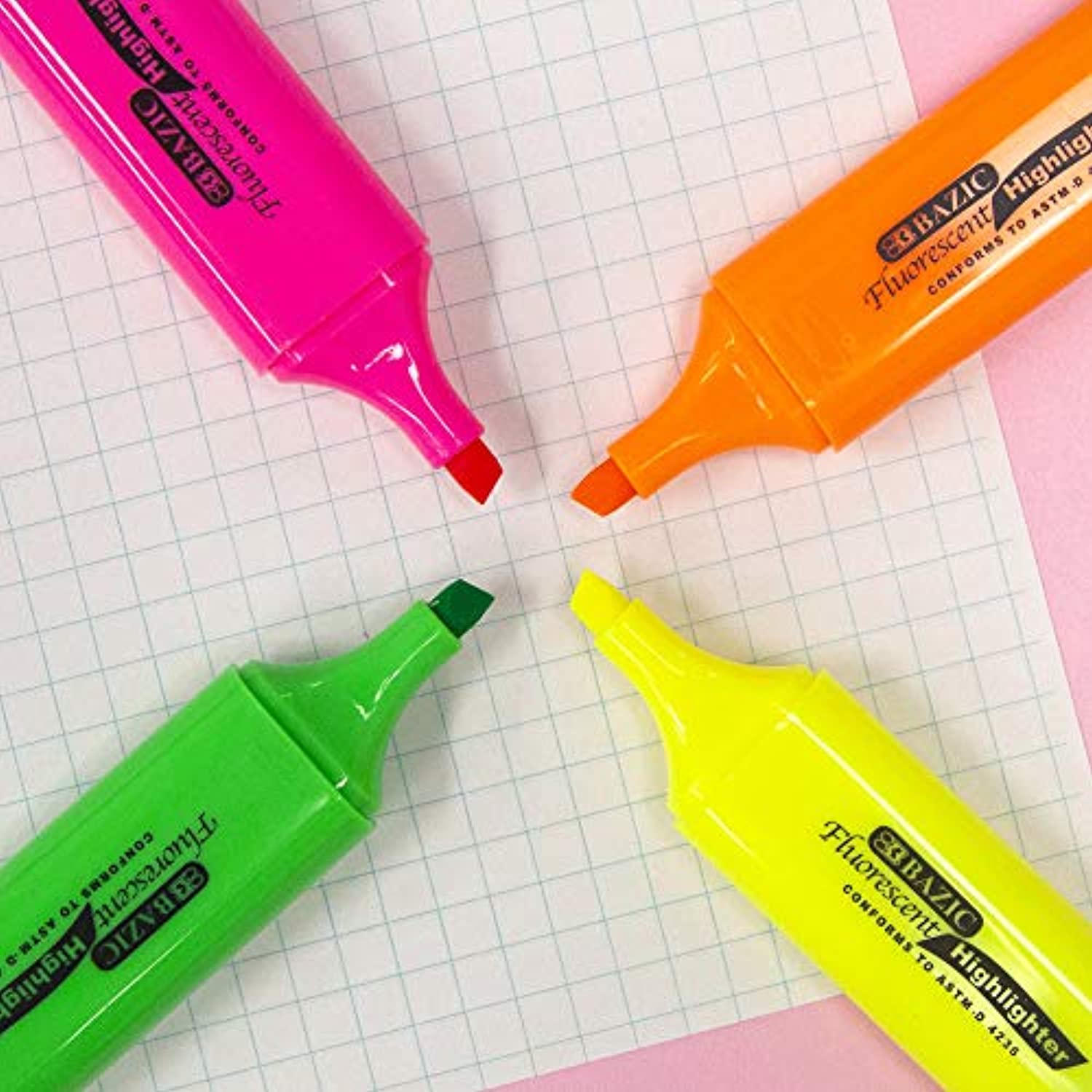 Neon Highlighters w/Pocket Clip, Chisel Tip Broad Fine Line, Unscented Quick Dry (4/Pack)