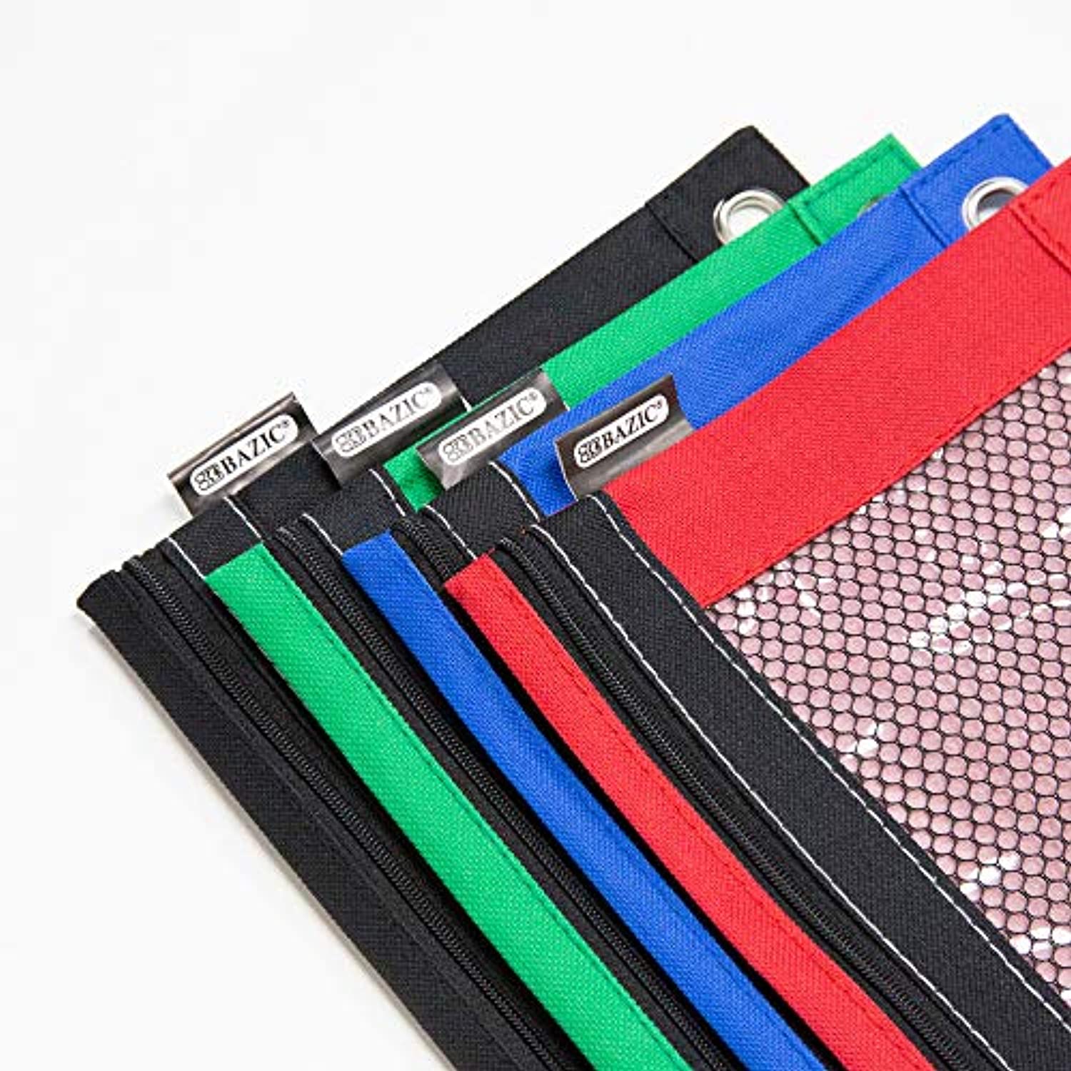 Bazic 3 Ring Pencil Pouch, Mesh Window, Neon Black Color, 6-Pack