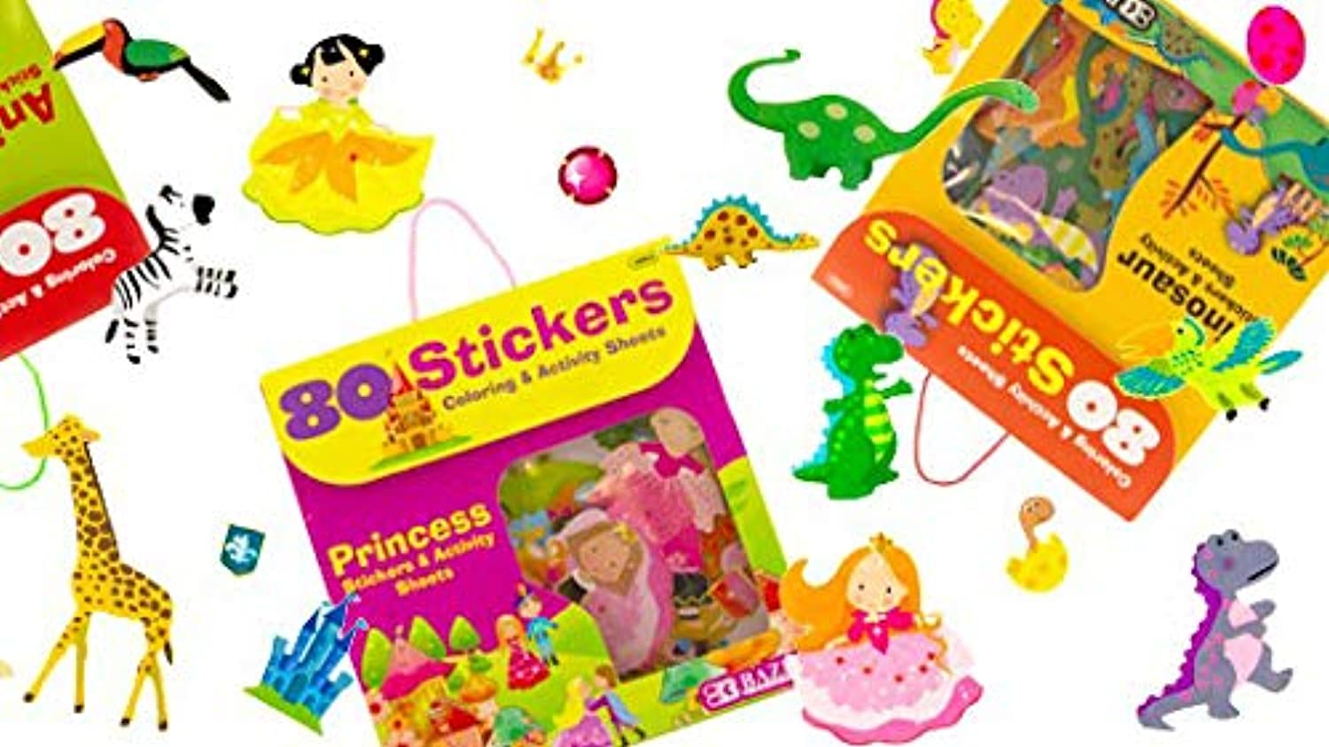 Car Series Assorted Sticker, Animal Series Assorted Sticker, Dinosaur Jurassic Dragon Series, Princess Series Assorted Sticker | 80-Count/Bag.