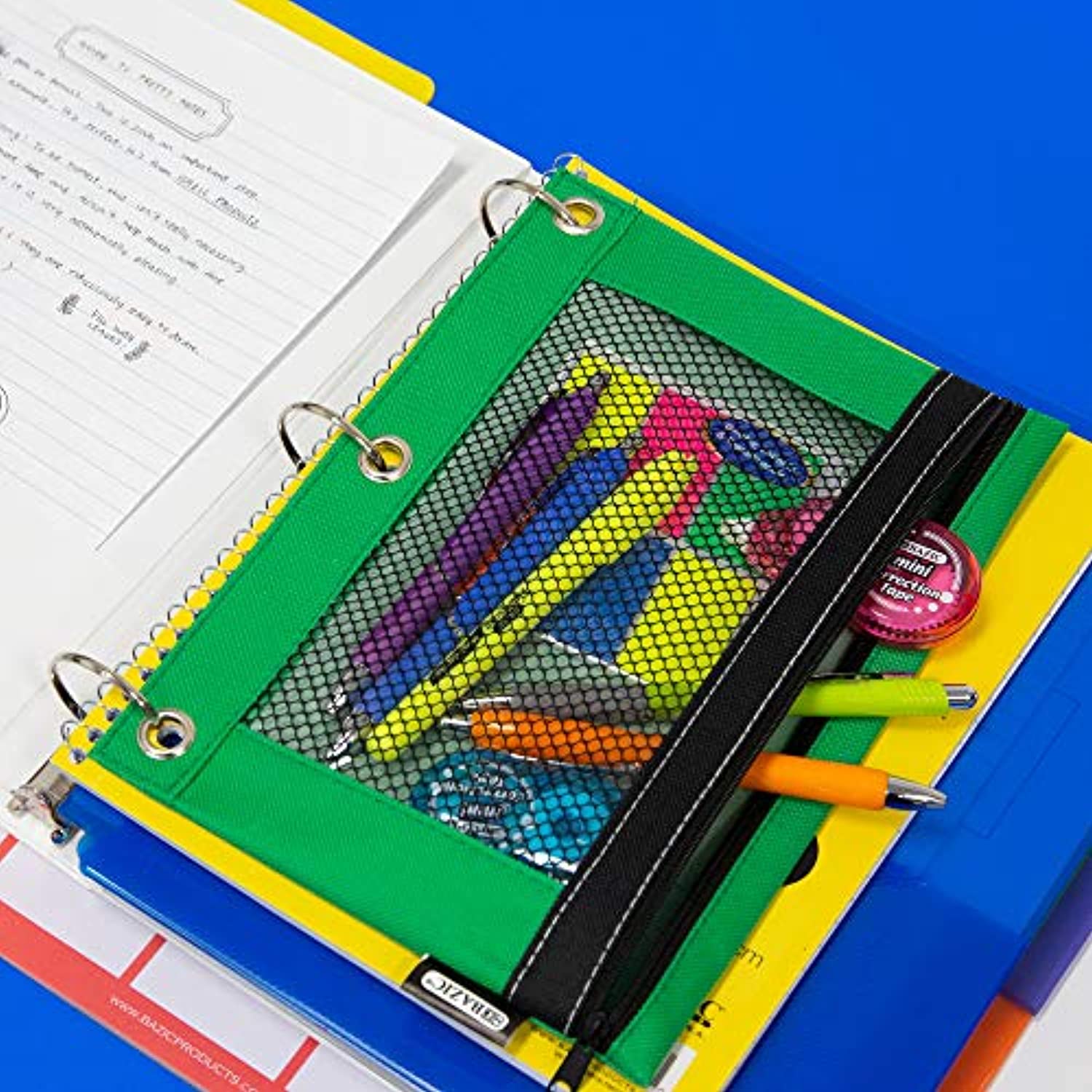 Zipper Pencil Pouch w/ Mesh Window Fit 3-Ring Binder in Assorted Colors.