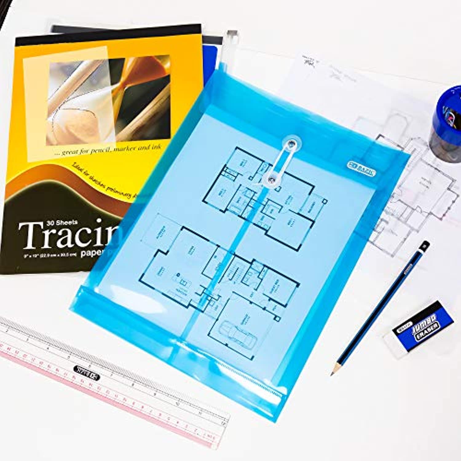 BAZIC 1 Top & 1 Side Loading Letter Size String Closure Envelope, Assorted Color Clear Poly Plastic Files, Office A4 Legal Folder String-Tie, 6-Pack (Total 12 Files).