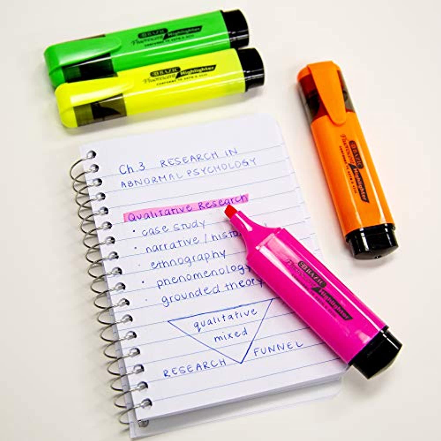 Neon Highlighters w/Pocket Clip, Chisel Tip Broad Fine Line, Unscented Quick Dry (4/Pack)