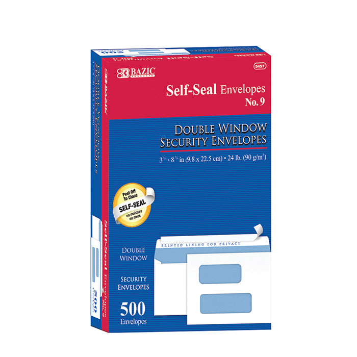 Envelopes #9 Double WINDOW Self-Seal SECURITY 3 7/8" x 8 7/8" | 500 Ct/Pack