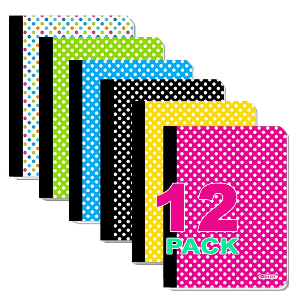 Composition Book College Ruled 100-Ct | Assorted Polka Dot Covers | Option: 24-Pack, 12-Pack, 6-Pack