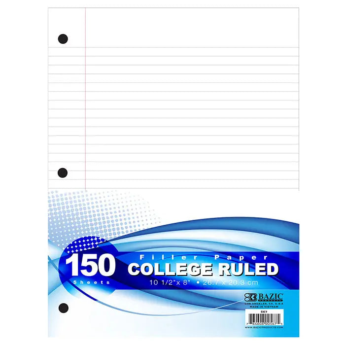FILLER Paper College-Ruled & Loose Leaf for 3-Ring Binder | 10.5 in x 8 in G8Central