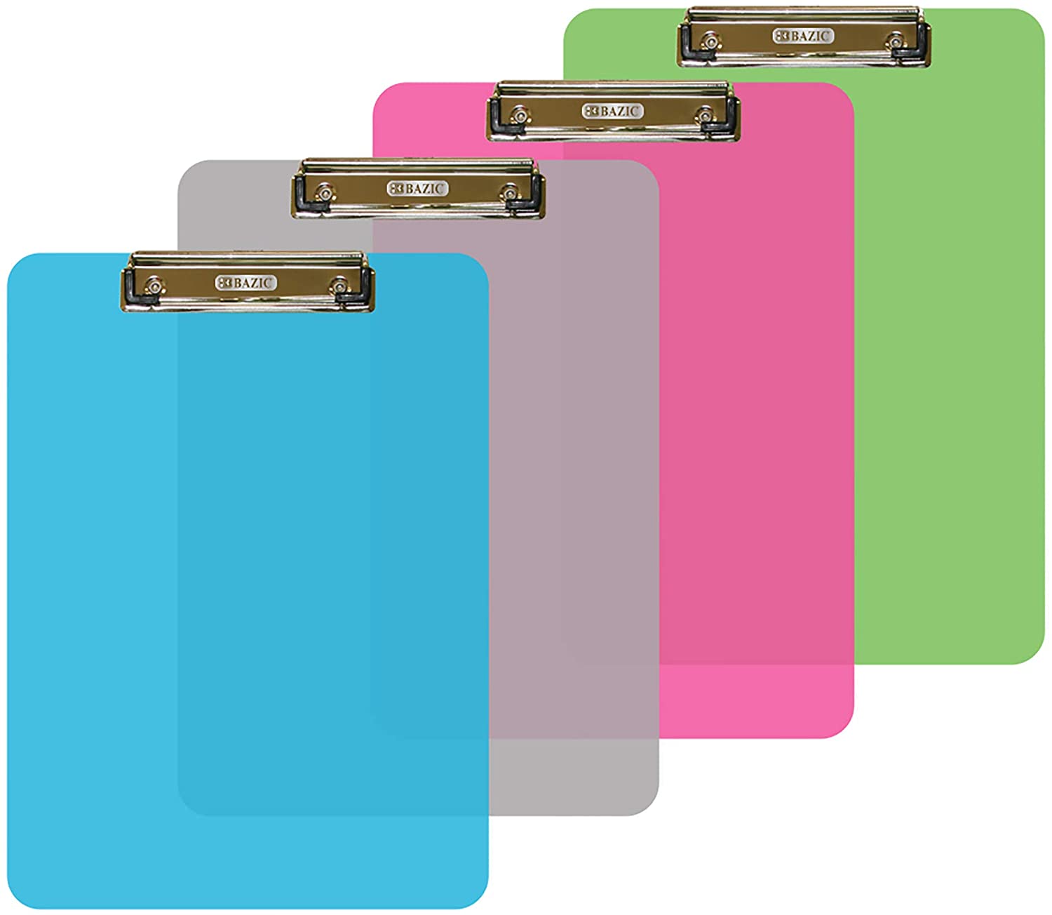 Plastic Clipboard Low Profile Clip, A4 Letter Size Clear Assorted 4 Colors, Business Travel School Teacher Student College, 4-Pack.