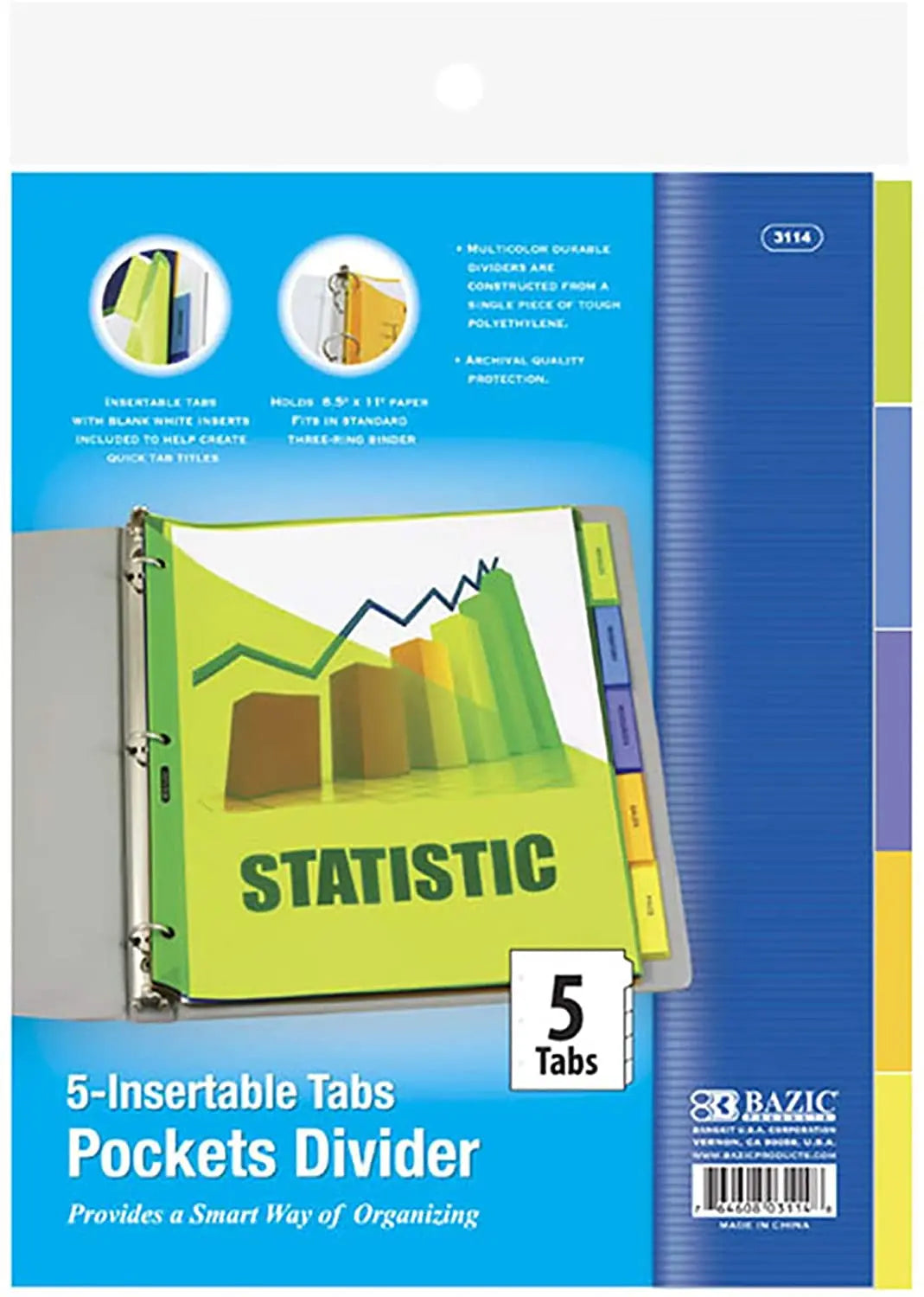 BAZIC 3-Ring Binder Dividers w/ 5-Insertable Color Tabs, 1-Pack.