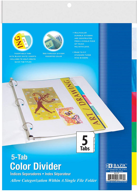 BAZIC 3-Ring Binder Dividers w/ 5-Insertable Color Tabs, 1-Pack.