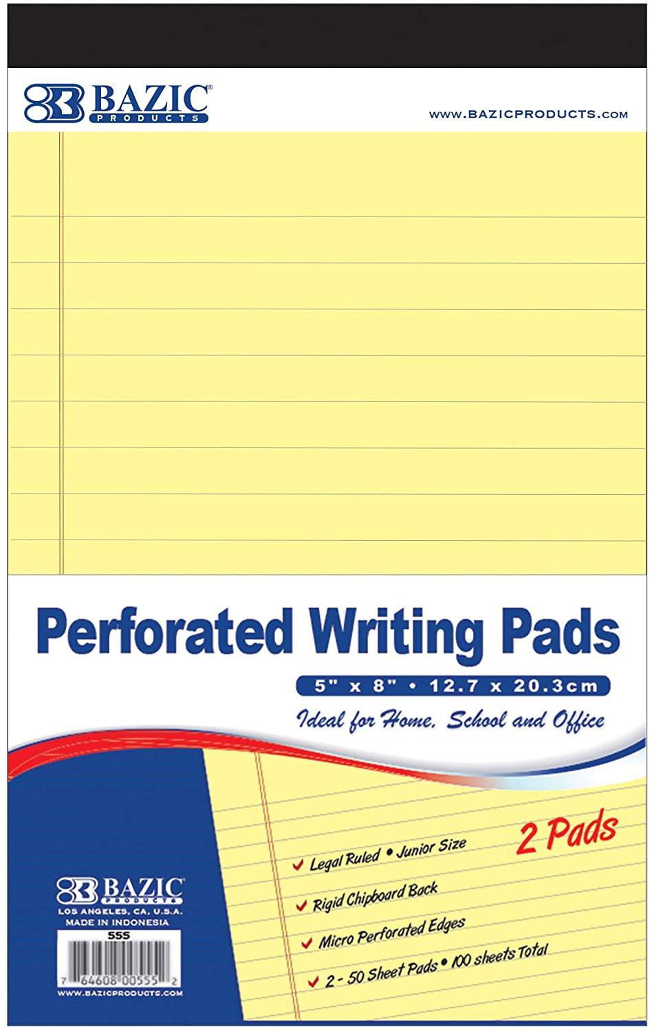 BAZIC 50 Ct. 5" X 8" Canary Jr. Perforated Writing Pad, Lined Ruled Memo Writing Papers Pads, Note Paper for Taking Notes, Yellow(2/Pack), 6-Pack (Total 12 Pads).