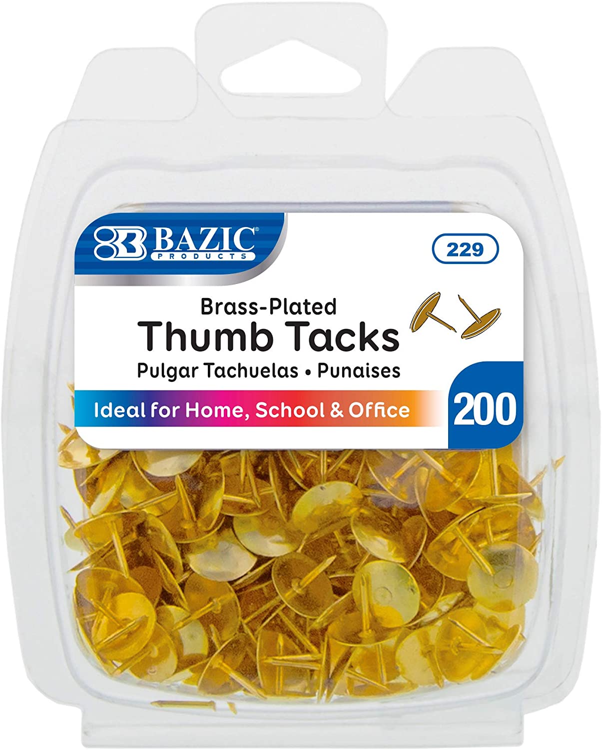BAZIC Gold Metallic Push Pins Thumb Tacks, 3/8 Inch Flat Head Steel Metal Push Pin Thumbtack Sharp Points for Cork Bulletin Board Posters Craft Picture Office Home School (200/Pack), 1-Pack.