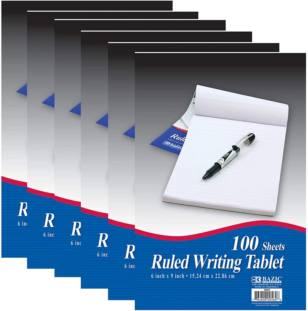 BAZIC 100 Sheets 6" X 9" Ruled Writing Tablet, Lined Ruled Memo Writing Papers Pad Notebook, Note Paper for Taking Notes, Easy Tear for Office School Home, 1-Pack.