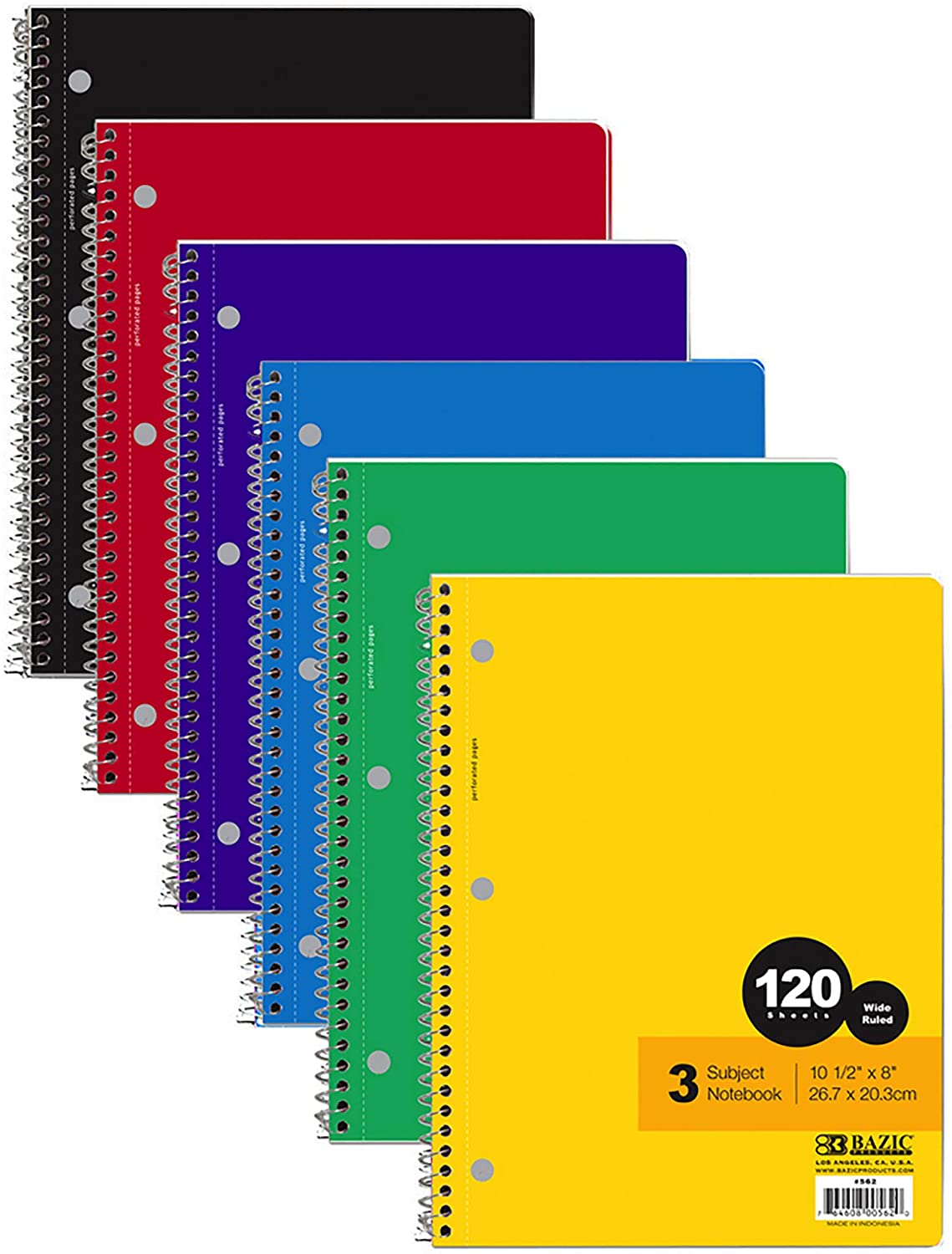 BAZIC Wide Ruled 120 Sheets 3-Subject Spiral Notebook, Writing Journal Dairy Assignment with Lined Notebooks, for Office Class Students, 6-Pack.