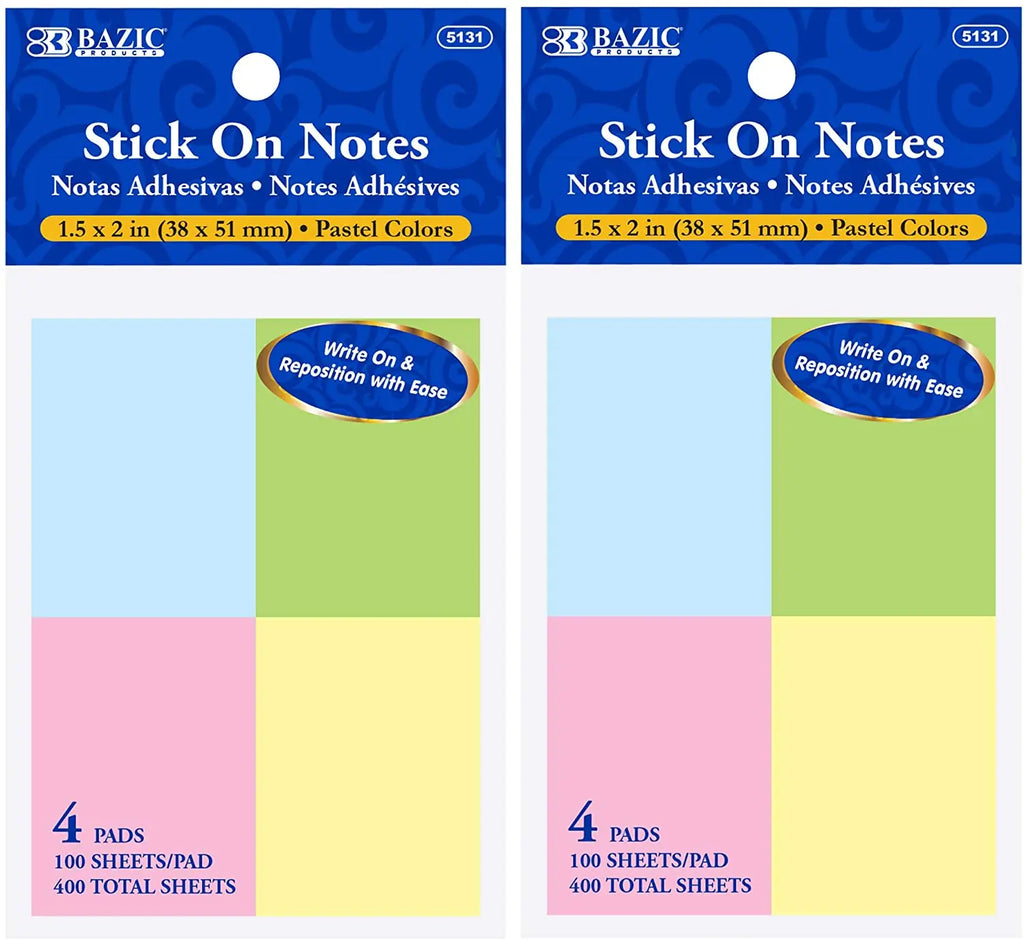 Stick On Notes 100 Ct. 1.5" X 2" (4/Pack).