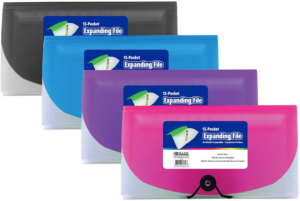 BAZIC 13 Pockets Dividers, Check Size Poly Expanding File, Holder Files Wallet Plastic Envelope Folders, Elastic Band Closure, Office Home Organize - Assorted Color, 4-Pack.
