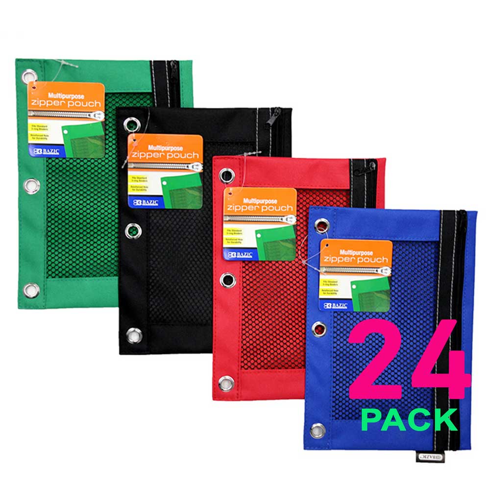 Zipper Pencil Pouch w/ Mesh Window Fit 3-Ring Binder in Bold Colors.