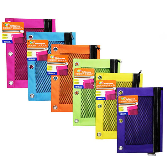 Zipper Pencil Pouch w/ Mesh Window Fit 3-Ring Binder in Assorted Colors.