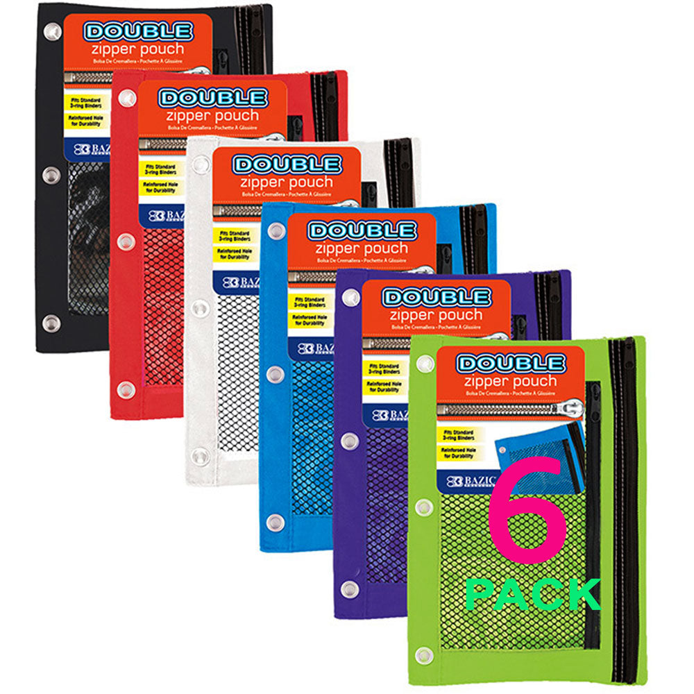 Double Zipper Pencil Pouch w/Mesh Window Fit 3-Ring Binder Assorted Color.