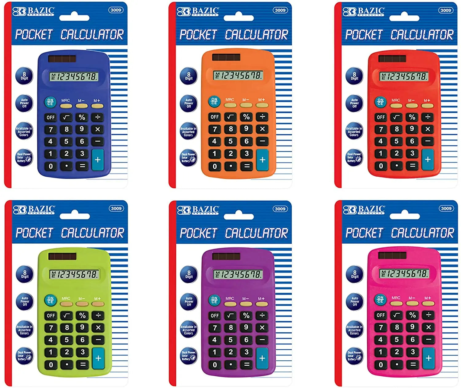 8-Digit Dual Power Pocket Size Calculator | 6-Color.
