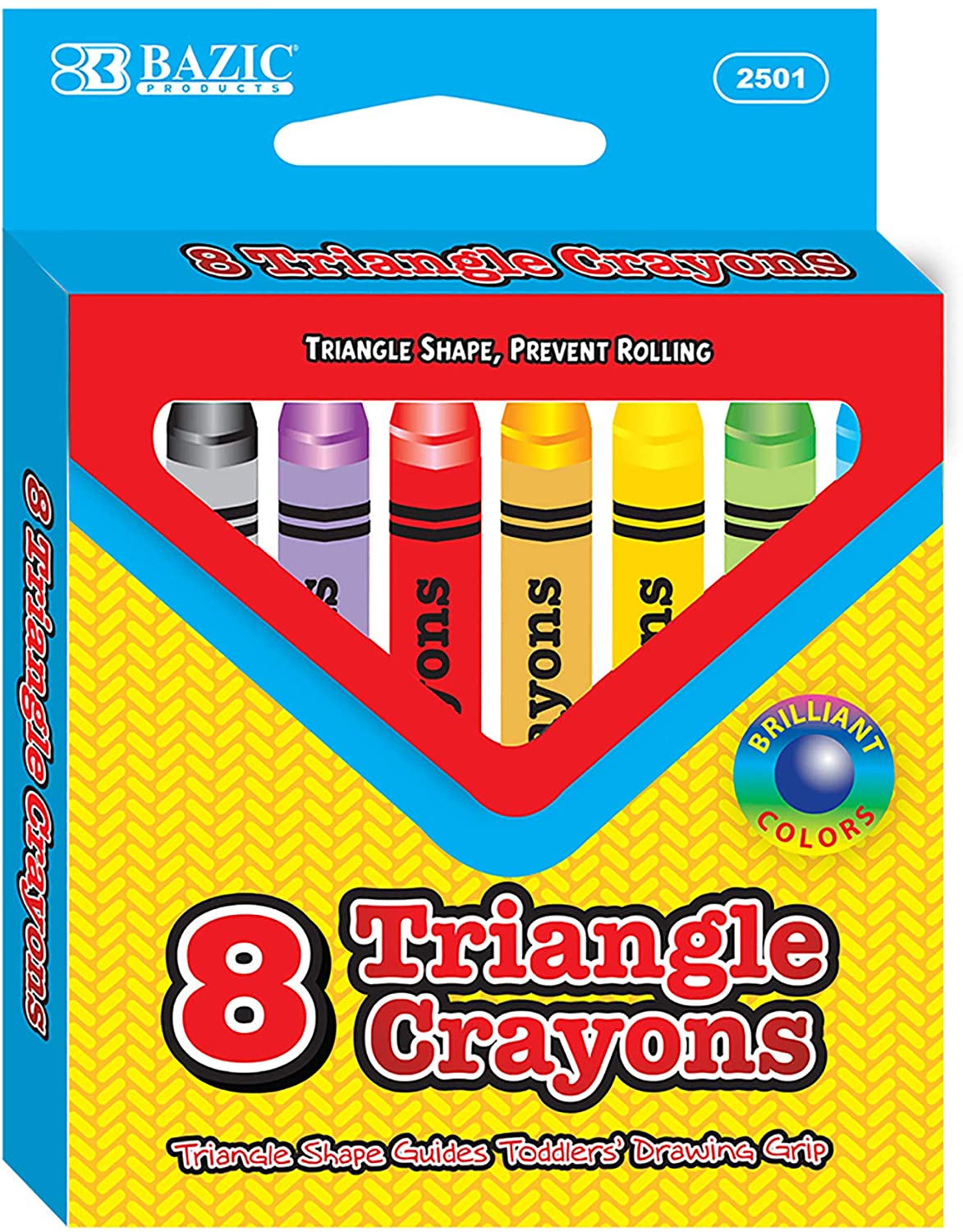 BAZIC 8 Colors Premium Jumbo Triangle Crayons, Coloring Set, Assorted Color School Art Gift for Kids Artist, 1-Pack.