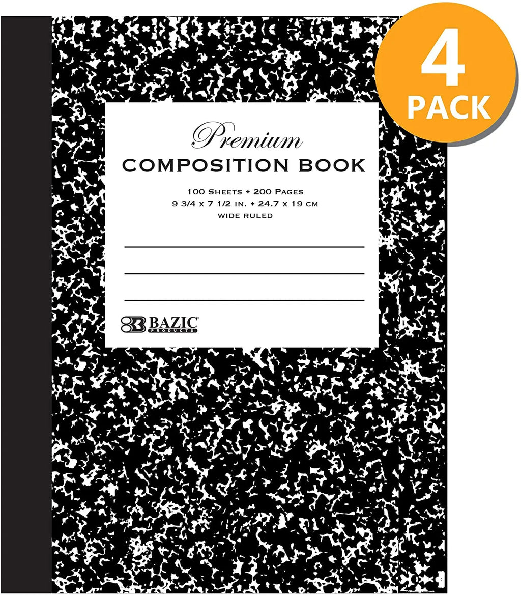 Composition Book Premium W/R 100 Ct. 9 3/4 x 7 1/2 in. | Black Marble Cover | 4-Pack.